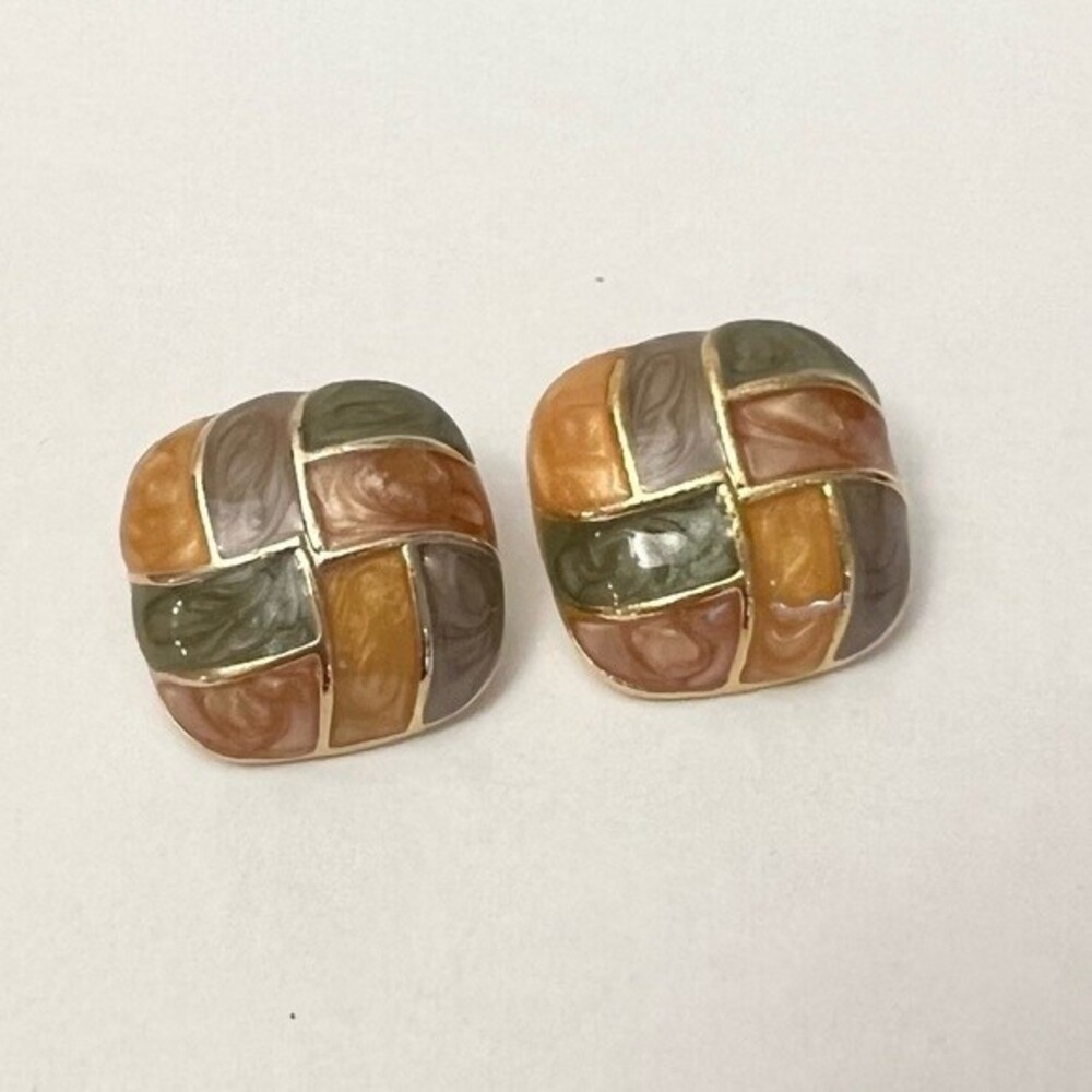 Vintage Button Earrings Oversized Colorful Pastel Woven Pattern Gold Tone Studs